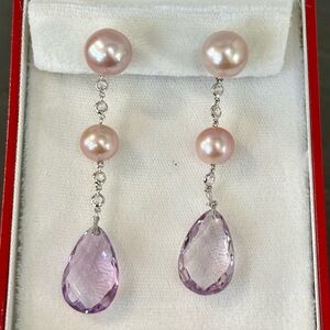 18k Pink Pearl and Purple Teardrop Drop Vintage Earrings